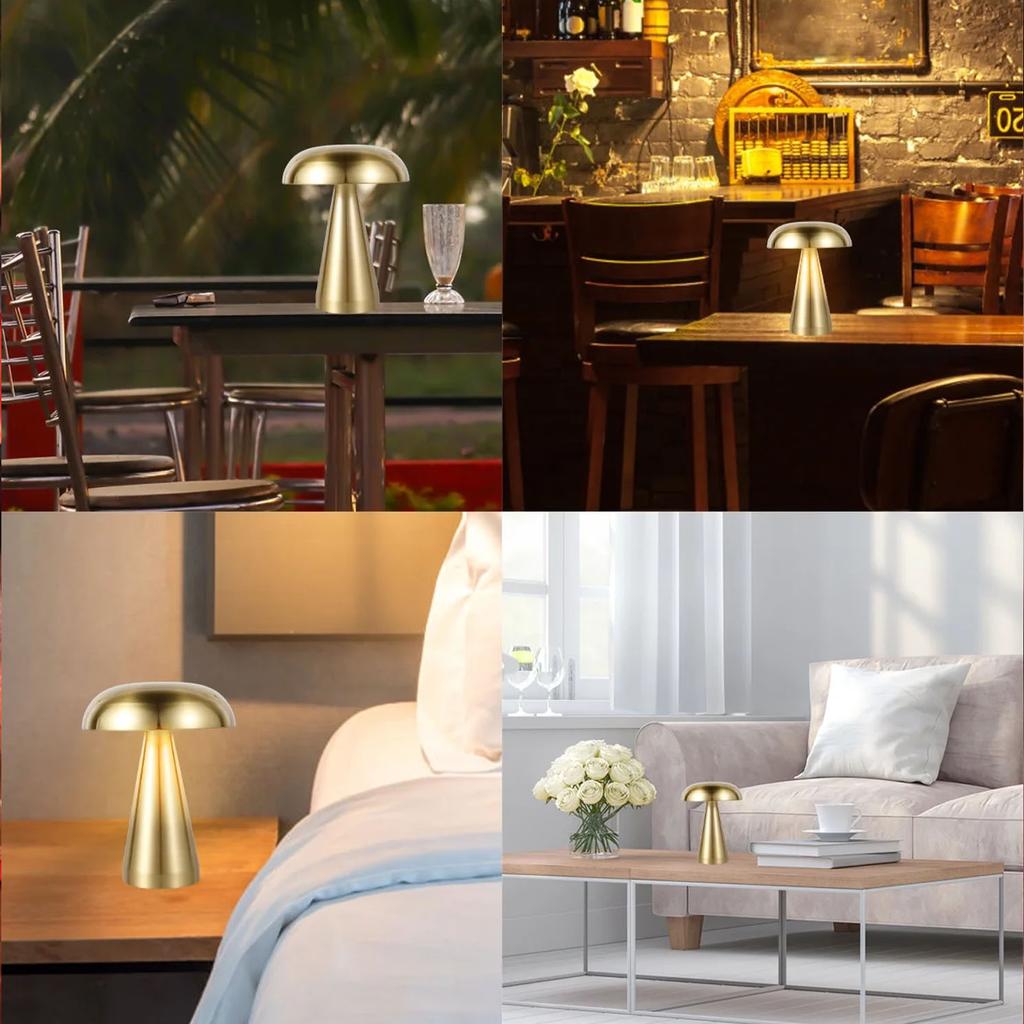 Mushroom Table Lamp Portable Cordless LED Desk Light USB Mushroom Bedside Lamp 3 Color Dimming Decorative Metal Gold Silver Bedside Lamp for Bedroom