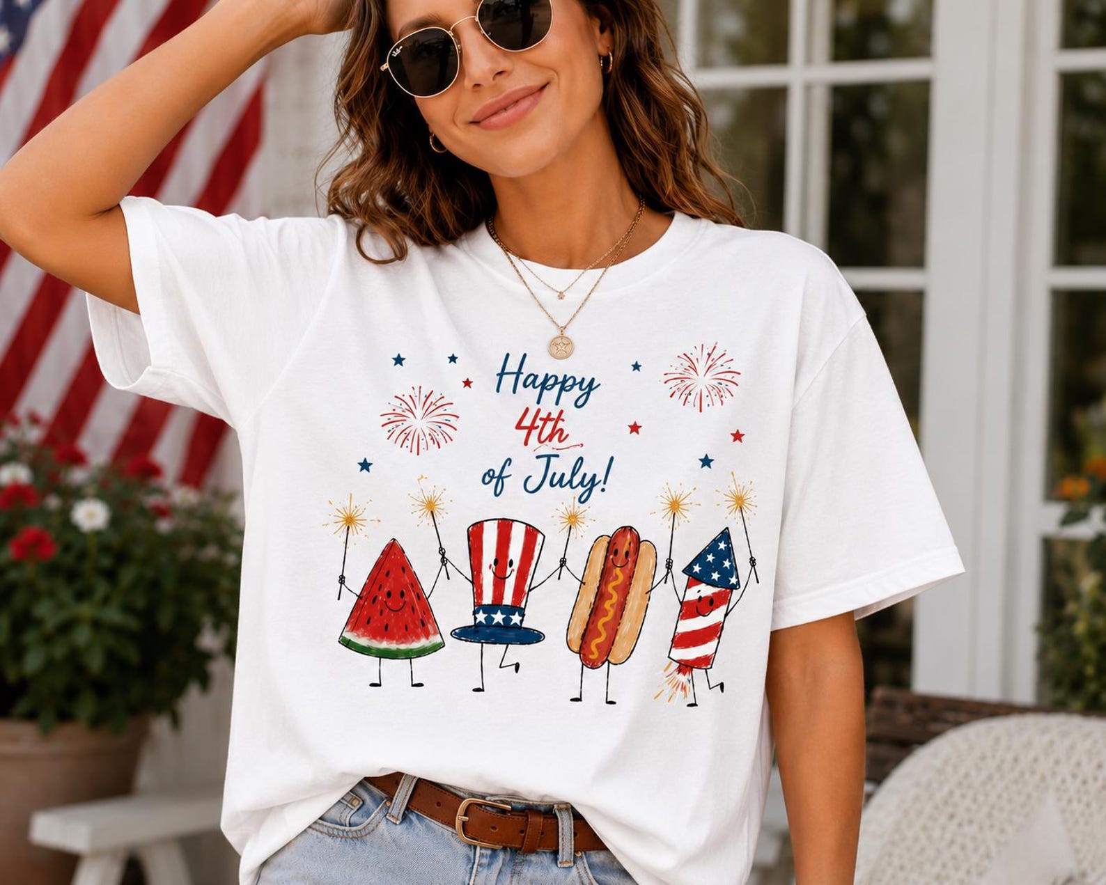 Happy 4th of July Watermelon Hot Dog Firework Shirt, Patriotic Summer Graphic Tee S