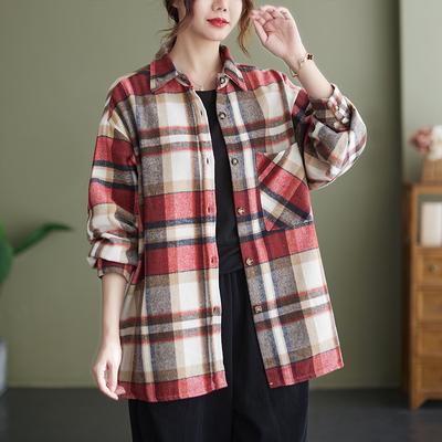 Autumn Blouses Literature Loose Brushed Plaid Lapel Long Sleeved Blouses Women's Shirt Top