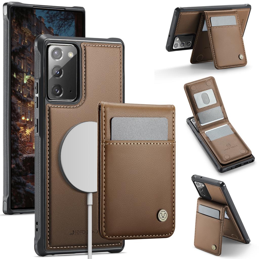 For Samsung Galaxy Note20 Leather Back Cover Compatible with MagSafe JEEHOOD J06 Phone Case with Card Bag RFID Blocking
