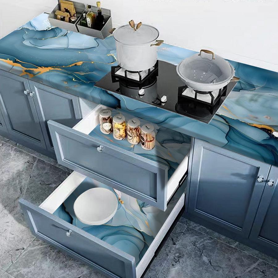 French Cloud Mist Blue Marble Oil-Proof Self-Adhesive Sticker for Kitchen Cabinets, Stove, and Sink