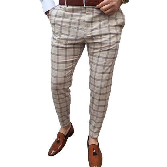 Mid-rise Zipper Button Fly Pockets Men Pants Autumn Plaid Print Straight Fit