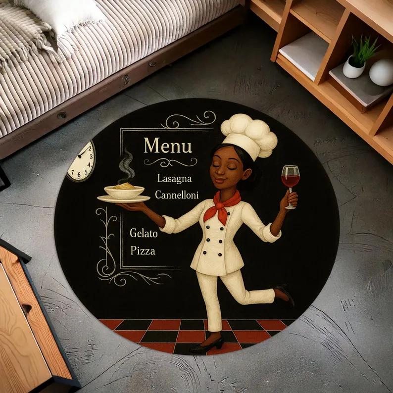 

Round Kitchen Rug with Blonde Chef Fun Restaurant Style Cooking Mat Retro Menu Design for Dining Room Cafe Culinary-Themed Decor 100cm