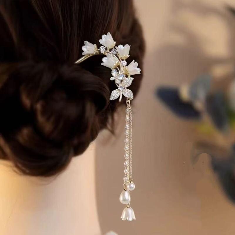 Chinese Hanfu Hair Accessories Long Tassel Vintage Lily Of The Valley U-Shaped Hairpins Flower Handmade Hair Sticks For Women