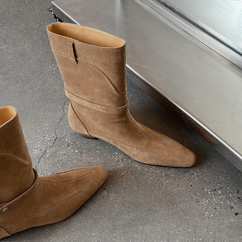 Fashion 2025 Autumn Winter New Trend Natural Cow Suede Retro Women Shoes Mid Calf Boots Brown Mid Heel Chunky Heels Square Toe Boots