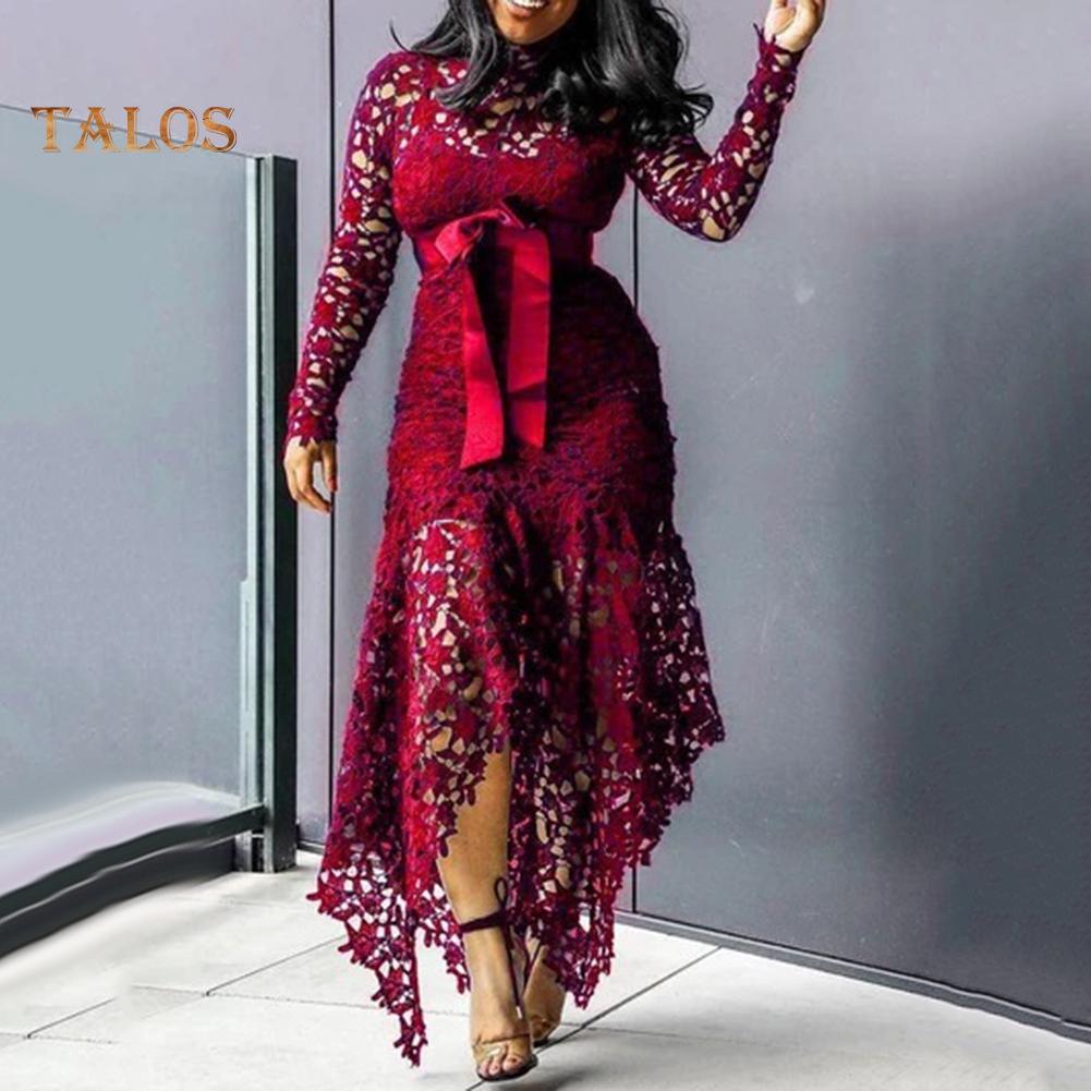 TS Women Long Sleeve Bow Belted Irregular Hem Hollow Lace Bodycon Long Dress