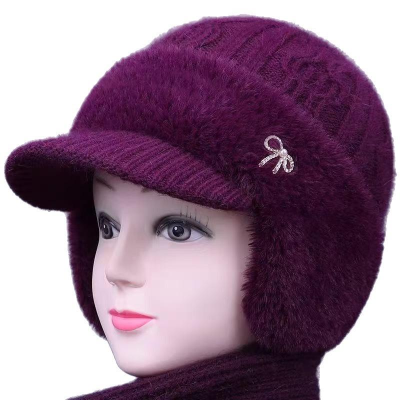 Hat, ear protection, warm autumn and winter rabbit fur knitted hat, windproof and velvet women's cold-proof wool hat