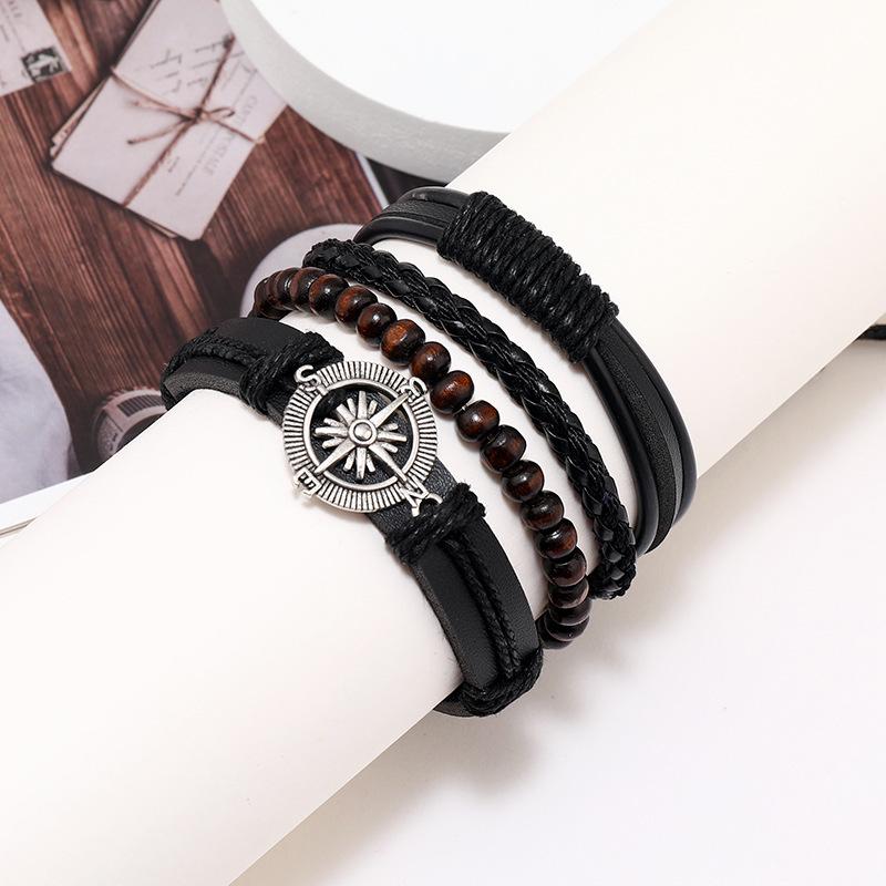 4-Piece Trendy Men's Woven Leather Bracelets with Leaf Design