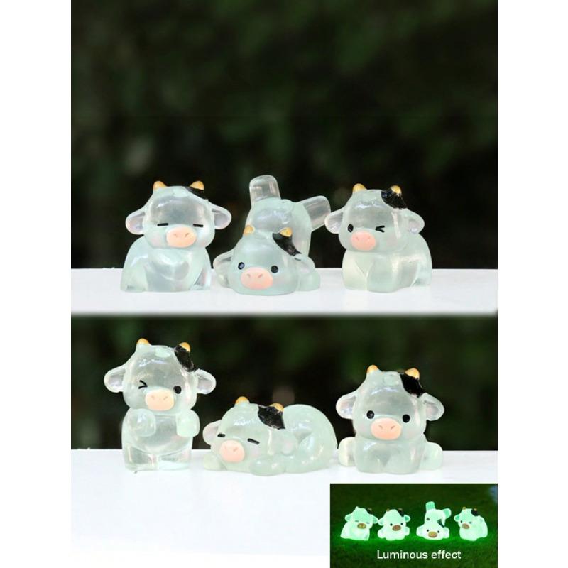 6pcs Luminous Little Cow Car Ornaments Interior Decorations Car Center Console Rearview Mirror Decorations