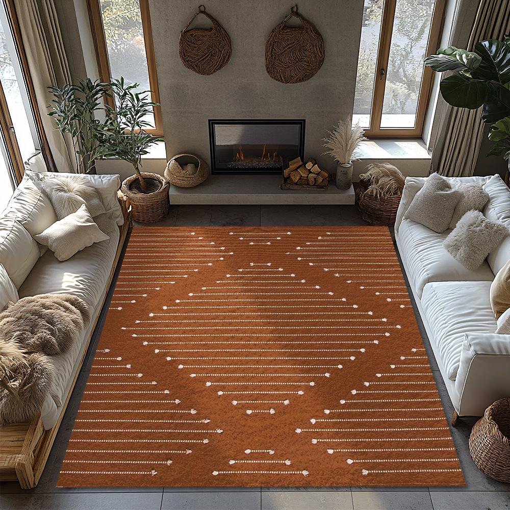 Orange Geometric Bohemian Rug, White Line Pattern Non-Slip Carpet, Modern Living Room Mat for Cozy Home Decor