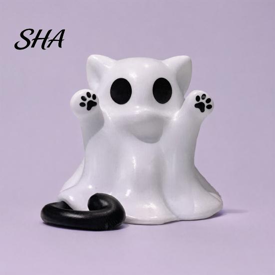 White Ghost Cat Ornament Figure, 3D Printed Decorative Ornament, Smooth Surface Figurine Mini Desktop Decoration Halloween Gift for Lovers Paw Print