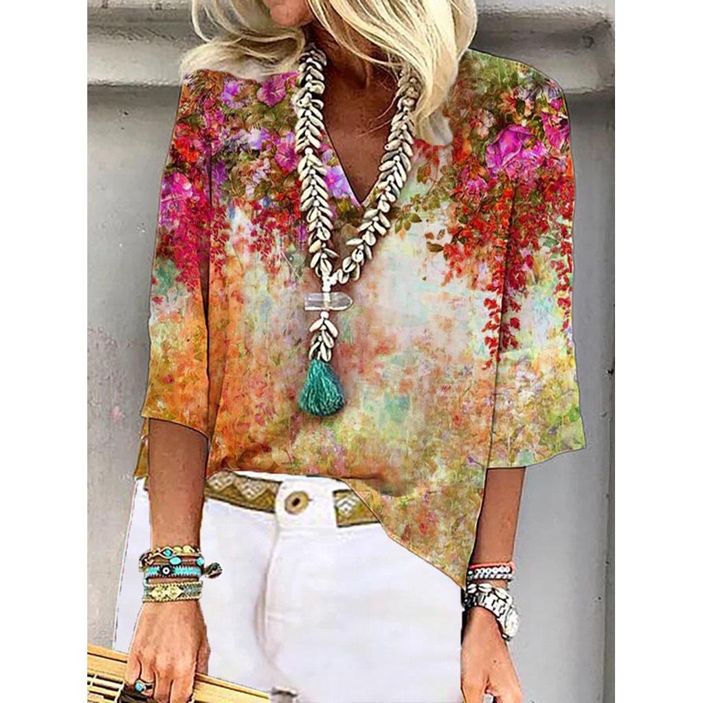 Shirt Women's Fashion Blouse Femme Summer Casual Tops Printed V-Neck Half Sleeve T Shirt Plus Size S-3XL