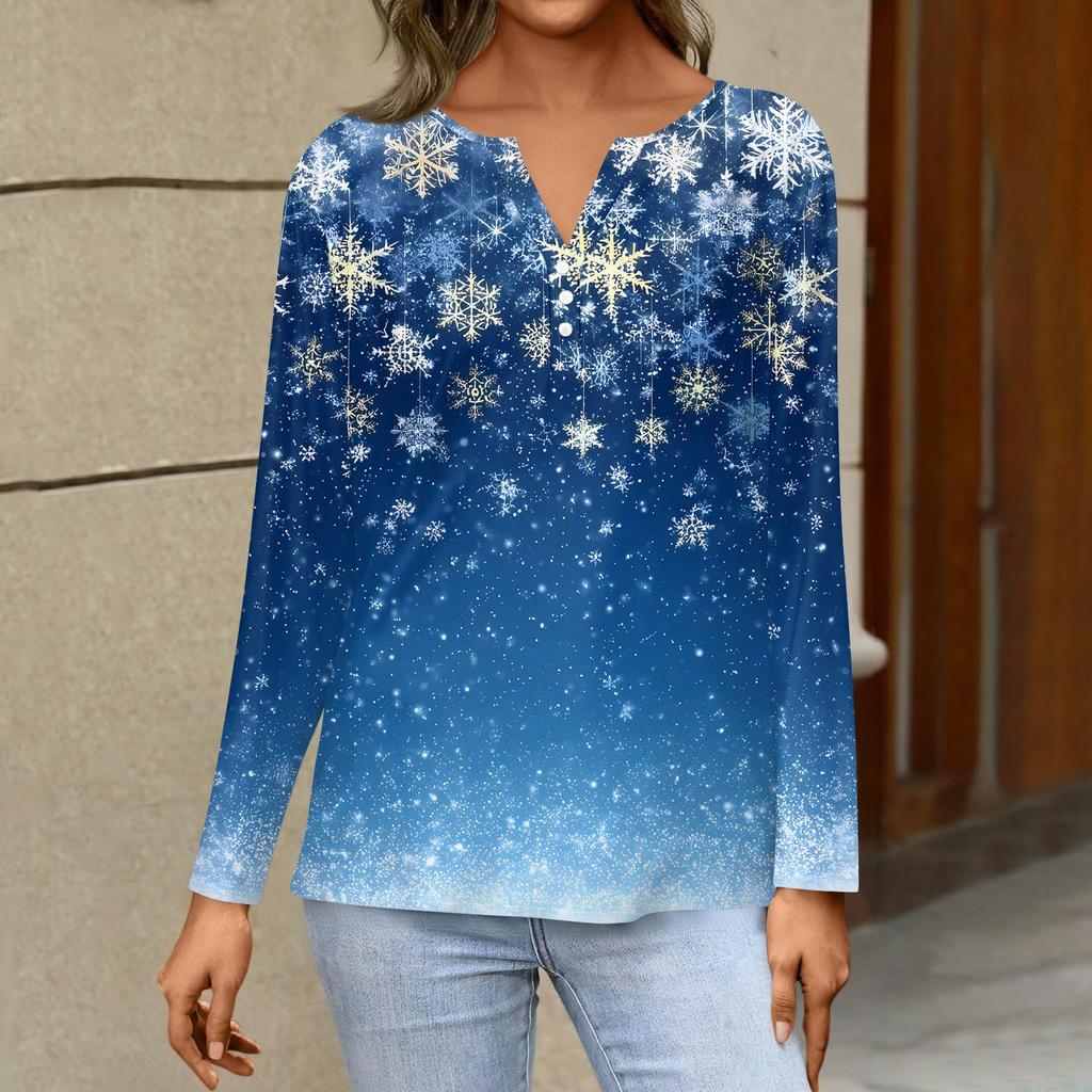 Camiseta de Mujer Estampado Navideño Botón Manga Larga Diario Fin de Semana Moda Básica Cuello en V Regular Top