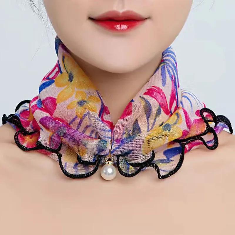 Neck Collar Print Shiny Variety Loop Scarf Ruffle Lace Scarf Pearl Pendant Organza Chiffon Scarves Bandana Headband
