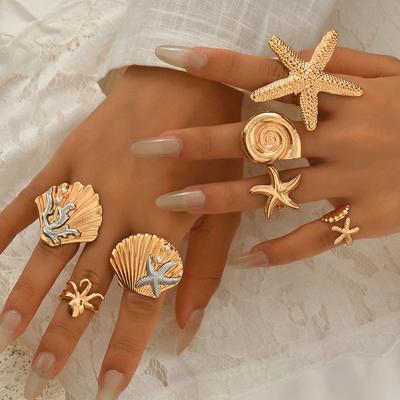 Starfish Ring European and American Jewelry Ocean Wind Ins High-end Ring 1-piece Set Conch Open Ring