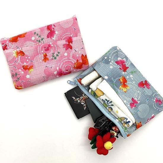Kyoyu Made in Japan 100% Cotton Pouch with Pocket, Cosmetic/Accessory Case, Approx. 12.5×19cm, Women