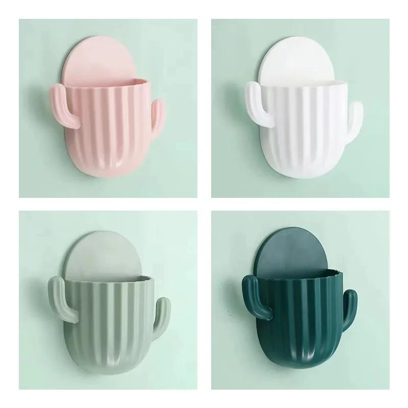 Toothbrush Holder Wall Self-adhesive Seamless Cactus Storage Rack Box Bathroom Organizer Shelf Mobile Phone Closet Organizer