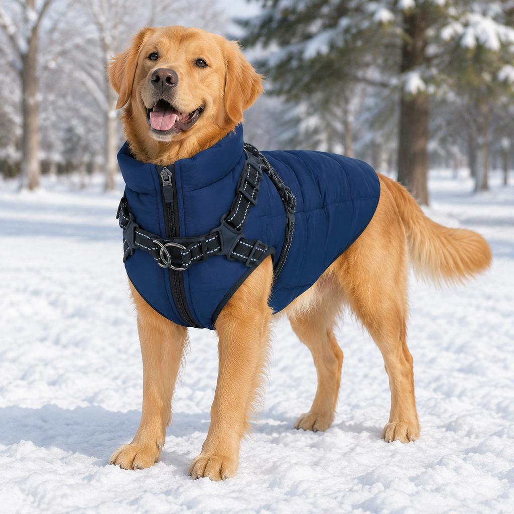 Cold Proof Pet Cotton Vest Coat Built‑in Reflective Harness Winter Dog Ski Coat Warm Sleeveless Clothes For Winter Daily Walking