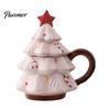 Christmas Tree Coffee Mug with Star Lid, 340ml Festive Holiday Cup for Hot Gift Girlfriend at Cocoa And Milk, Retro Curved Handle Microwave