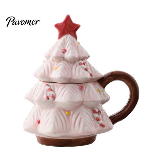 Christmas Tree Coffee Mug with Star Lid, 340ml Festive Holiday Cup for Hot Gift Girlfriend at Cocoa And Milk, Retro Curved Handle Microwave