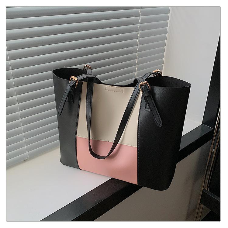 Retro simple atmosphere women's summer new large-capacity splicing shoulder portable tote bag