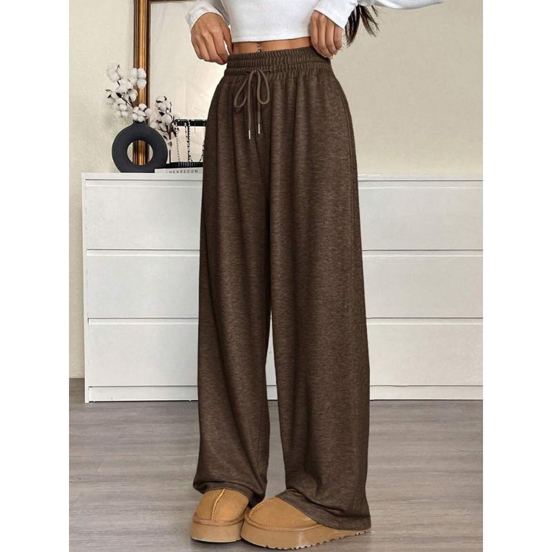 Spring Autumn Elastic Waist Drawstring Casual Fashion Wide Leg Pants Women Solid Color All-match Straight Trousers