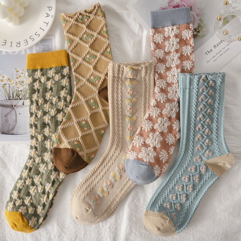 5 Pieces/white Floral Mid-tube Socks Women's Trendy Japanese Powder Fog Color Student Loli Spring Thin Section JK Socks Pink New