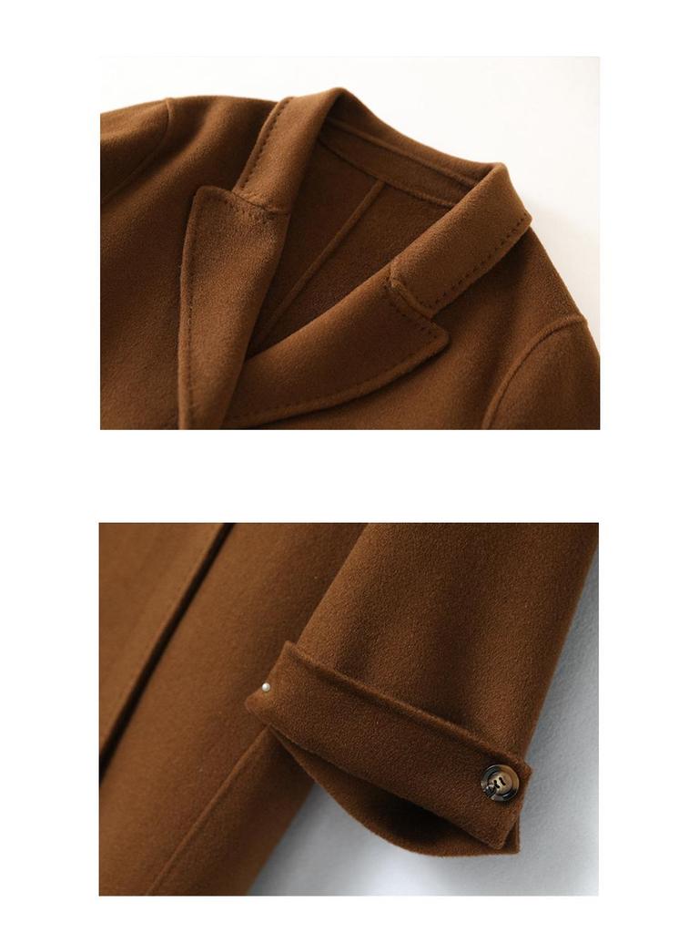 Karmelowy dwustronny kaszmirowy damski płaszcz wełniany średniej długości - Jesień/Zima 2023, dopasowany krój z taliowaniem.