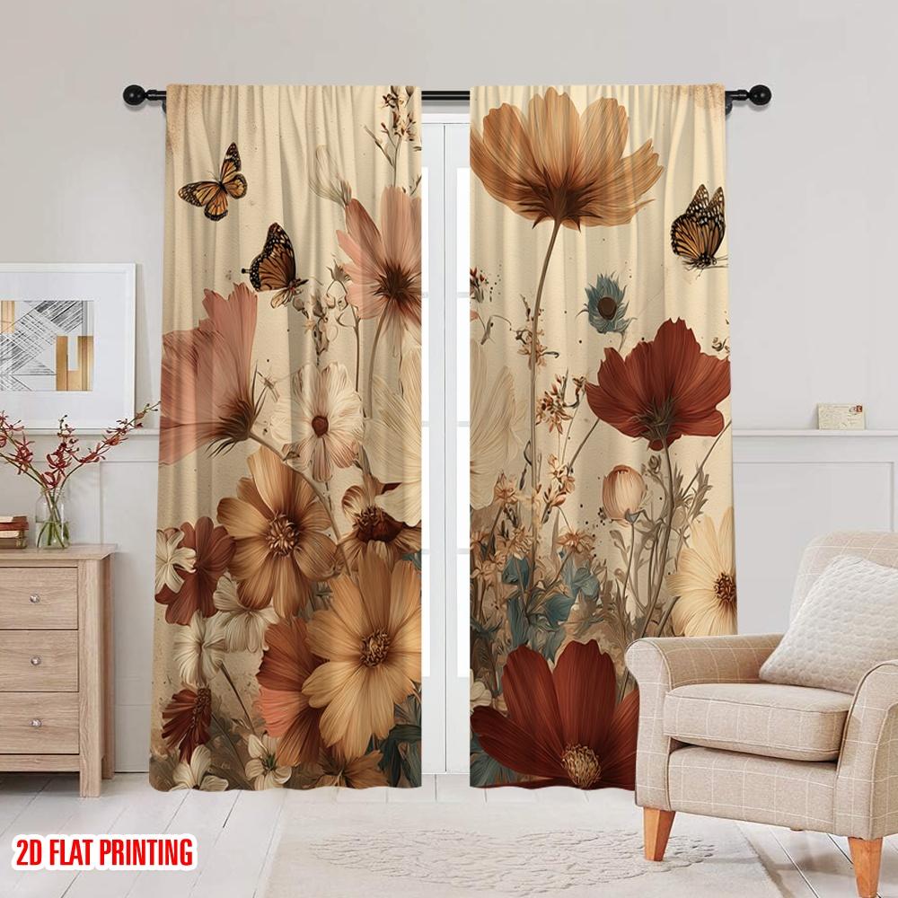 2pcs,2D Plane Printing Curtains Roller Blinds Butterfly Blooms Polyester Fabric (without Rod) Gifts Use for Living Room, Bedroom