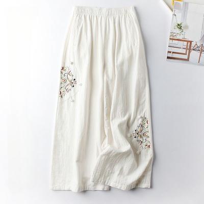 2025 Spring and Summer Cotton and Linen Retro Ethnic Style Embroidered Wide-leg Pants Versatile and Thin Nine-minute Pants