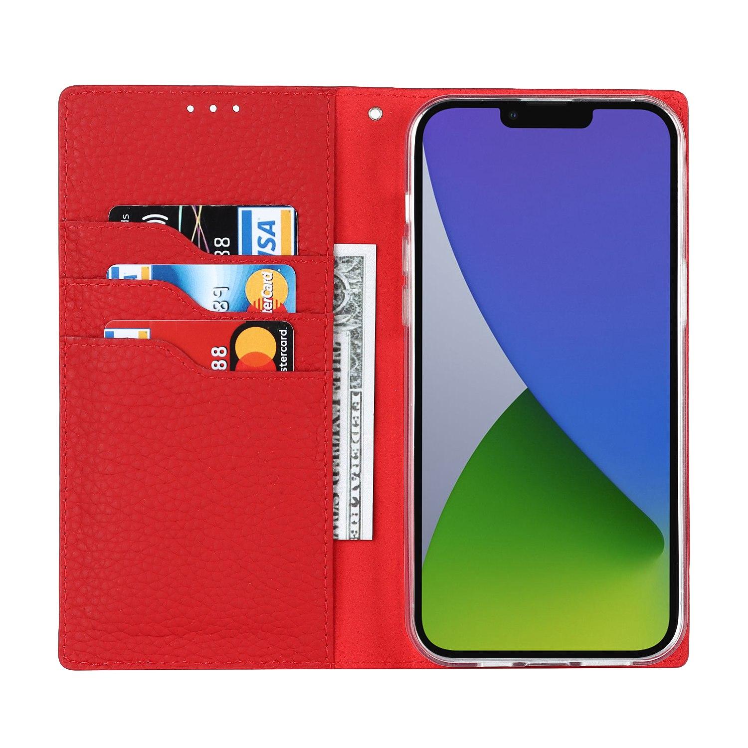 

Genuine Leather Case for iPhone 14 6.1 inch,Litchi Texture Drop-proof Phone Wallet Stand Cover with Hand Strap Black