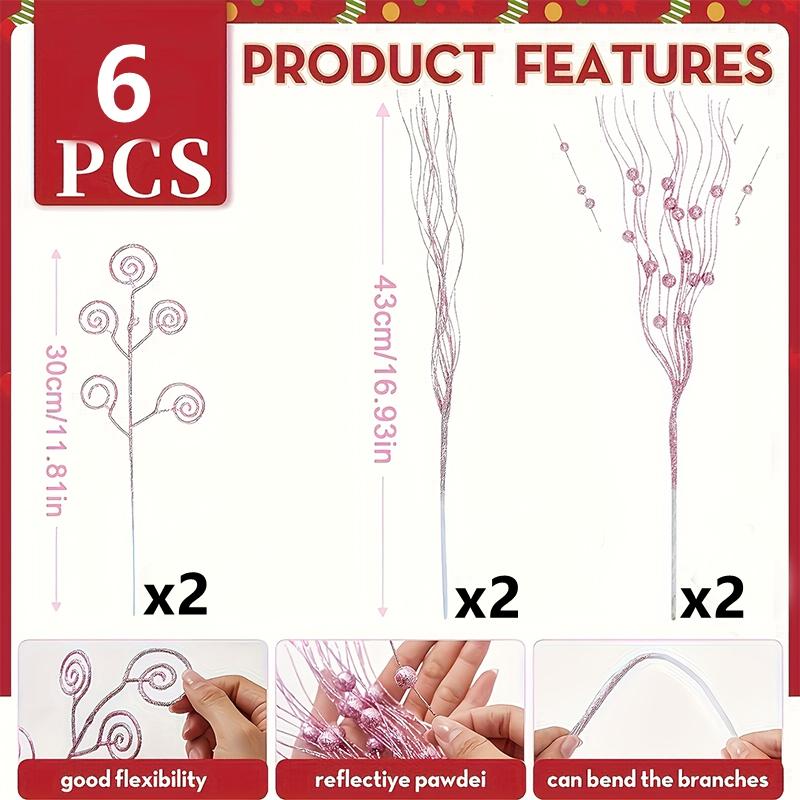 6Pcs Glitter Artificial Berry Bouquet Fake Plant Christmas Decoration for Home Decor Christmas Tree DIY Wreath Navidad Accessory