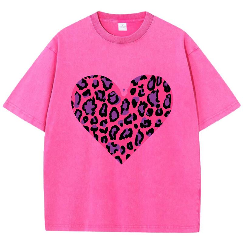 Pink Leopard Heart Prints Washed TShirt Women Cotton T Shirts ONeck Comfortable Distressed Tops Summer Casual Woman Clothes