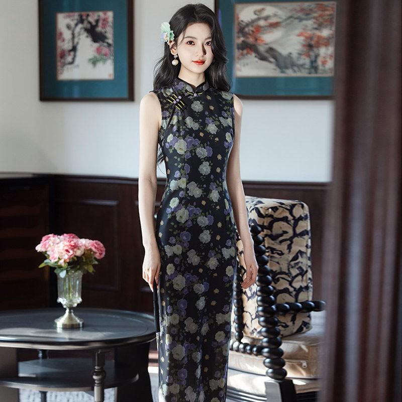 Elegant Sleeveless Long Cheongsam Dress 2026 Womens Modern Chinese Style Daily Wear With High Neck Side Slit Small