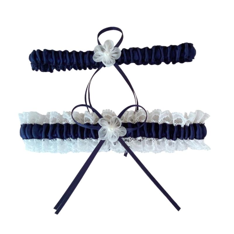 2Pcs Trimmed Lace Bowknot Bridal Garters Set for Engagement Party Accessory Gift