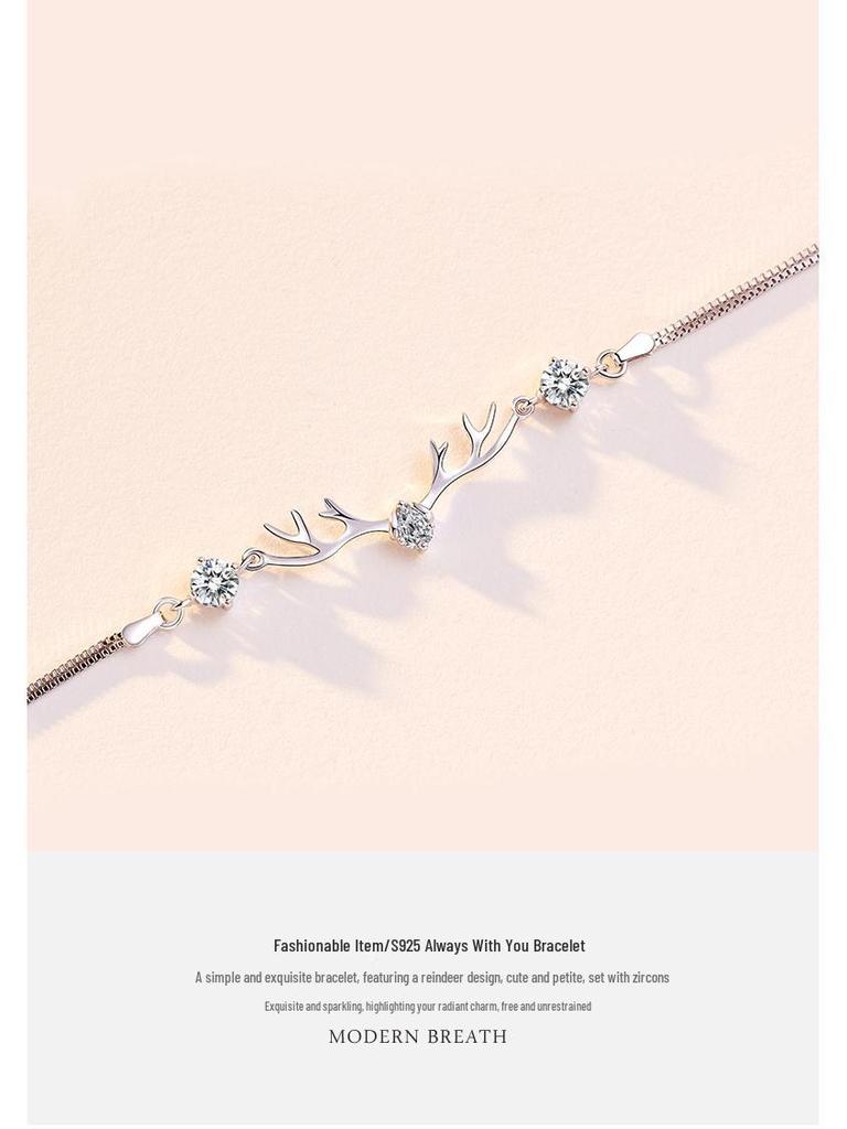 Women's High-End 'I Have You' Sterling Silver Reindeer Bracelet - Niche Design, Versatile Holiday Jewelry