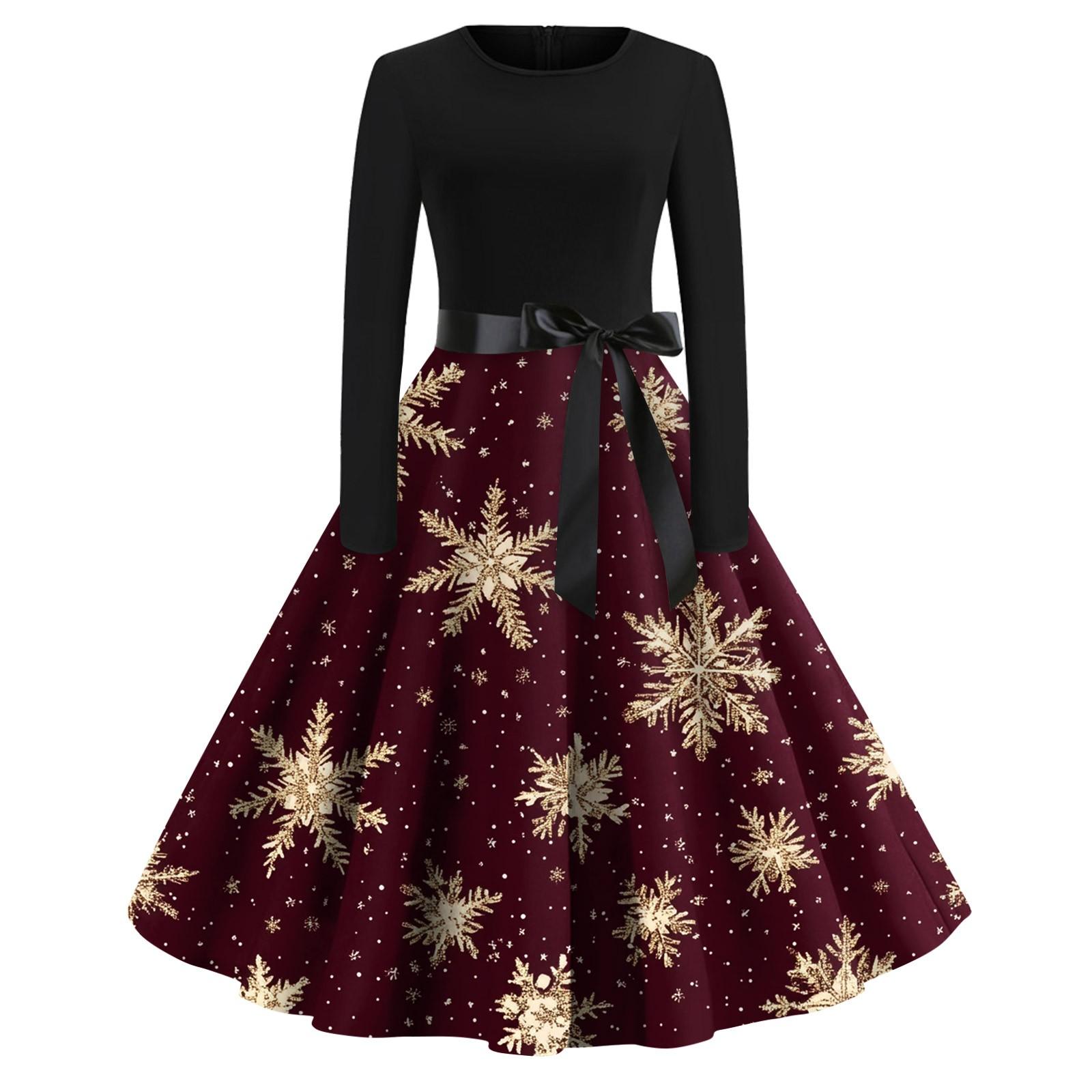 

Женское модное винтажное платье с длинным рукавом и круглым вырезом с рождественским принтом XXXL красный