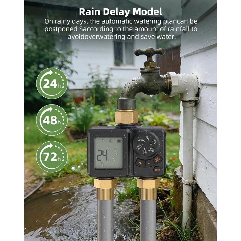 Sprinkler Timer 2 Zone Water Timer for Garden Hose, Auto/Manual/Delay Irrigation Controller, Brass Inlet, IPX6 Waterproof