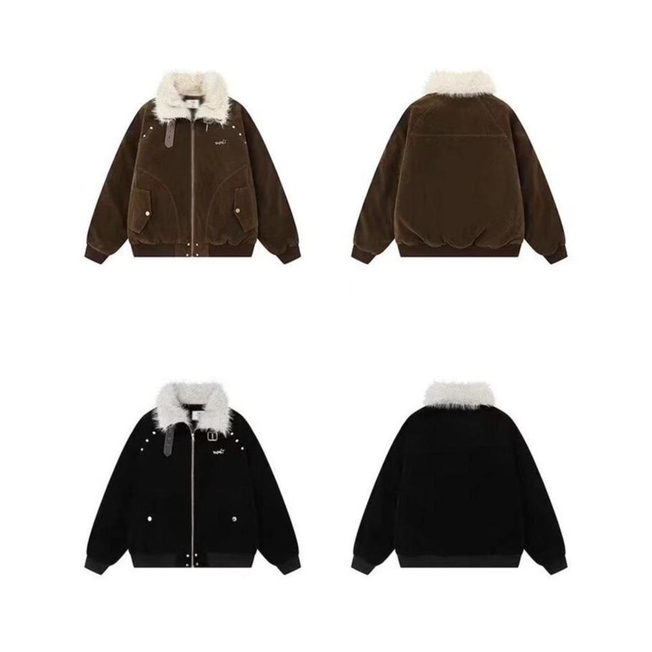 Men's New American Retro Patchwork Leather Fur Collar Cotton Motorcycle Jacket - Thickened for Warmth