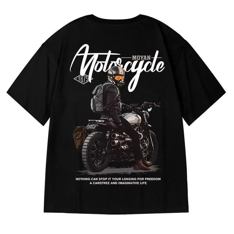 2024 New Harajuku Motorcycle Printed Short Sleeve T-Shirt Men's Summer Trendy High Quality 100% Cotton Round Neck Fitness Top