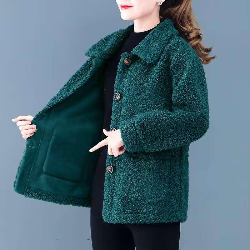 Stylish Faux Lamb Wool Coat for Women Aged 50-60: Warm Particle Velvet Top for Middle-Aged and Elderly Mothers
