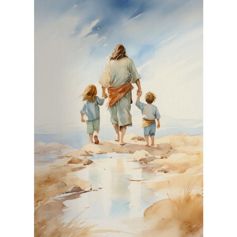 Jesus Christ Walking with A Child,poster Bible Art Canvas Painting Christian  Wall Art Picture for Living Room Home  Decor