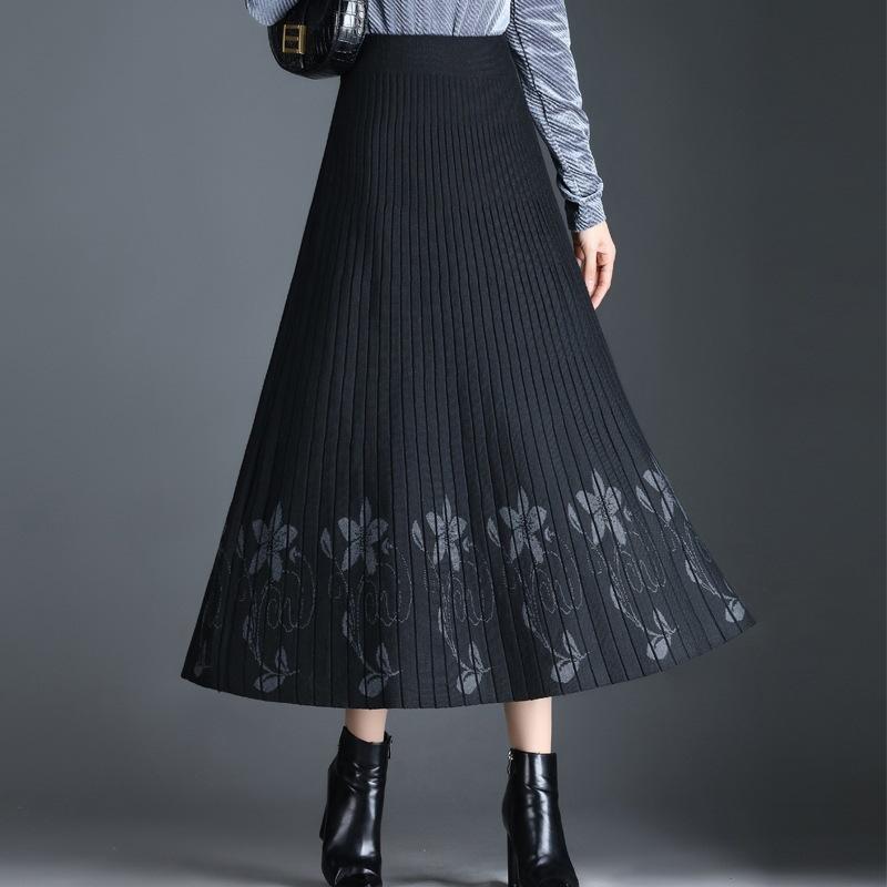 Fustă tricotată pentru femei Toamnă și Iarnă Lungime medie Talie înaltă Fustă plisată Fustă în A