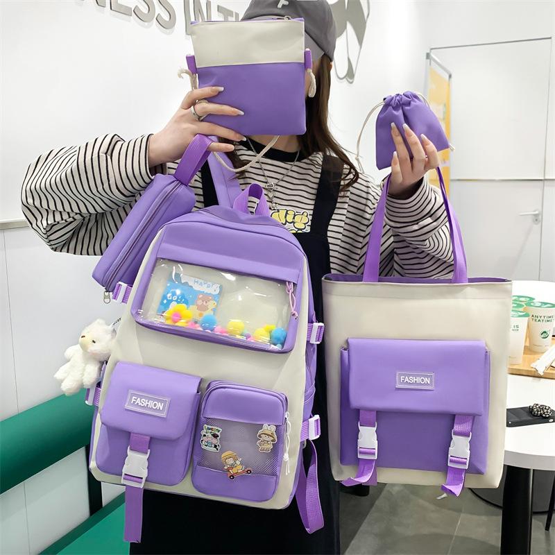 School Bag New Large-capacity Student School Bag Four-piece Canvas Backpack Campus Middle School Student Lightweight Backpack
