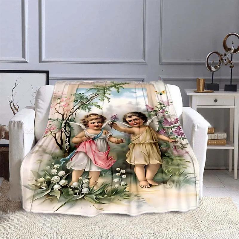 Cartoon Little Angel Pattern Printed Blanket for Travel Camping Living Room Office Conditioning Blanket for All Seasons Gifts