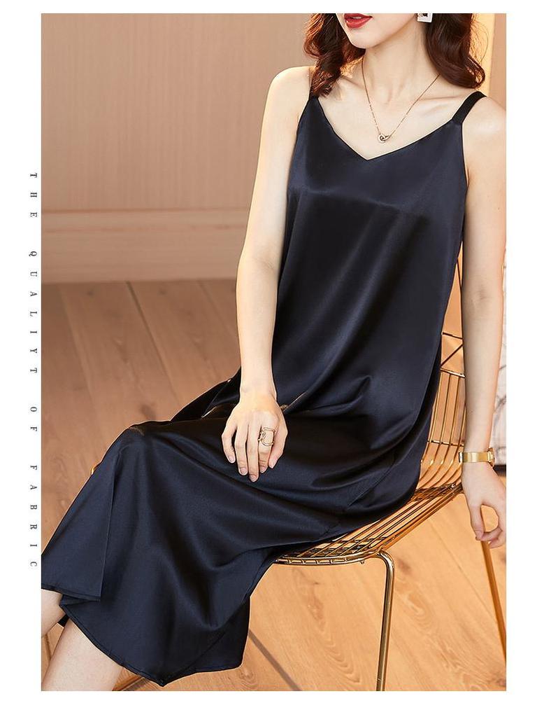 Women's Plus Size V-Neck Silk Satin Lace Camisole Dress – Sleeveless, Loose Fit for Spring & Summer Wear