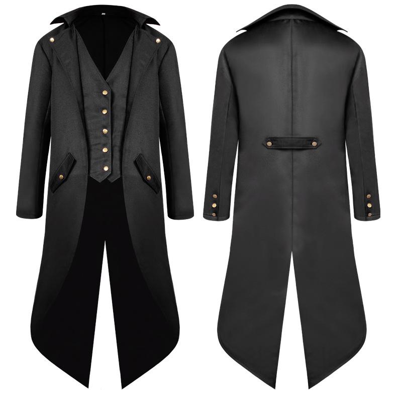 2024 Men's Solid Color Medieval Swallowtail Coat - European & American Mid-length Punk Retro Overcoat