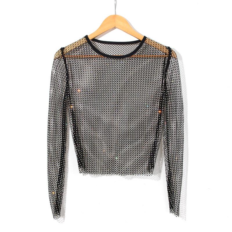 Summer New Ladies Temperament Rhinestone Round Neck Long Sleeve Bright Starlight Hollow Shiny Bottoming Shirt Women's Top Trend