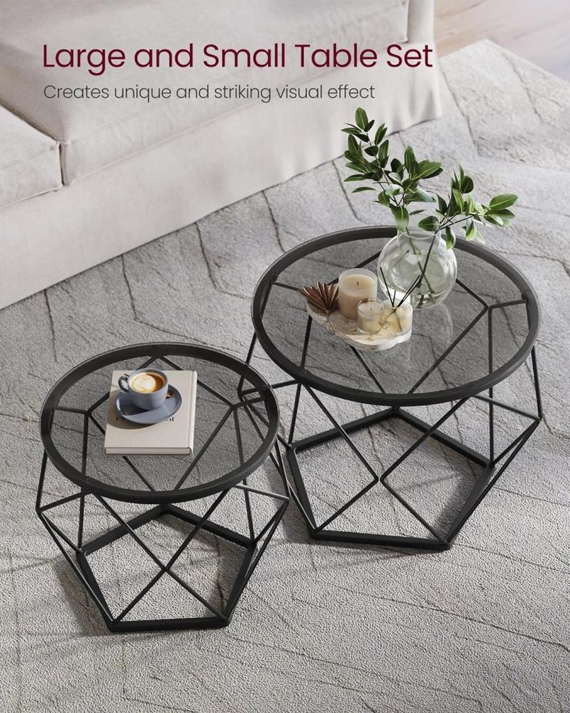 Round coffee tables, set of 2 side tables, modern style, removable top, steel frame, for living room, slate gray and a