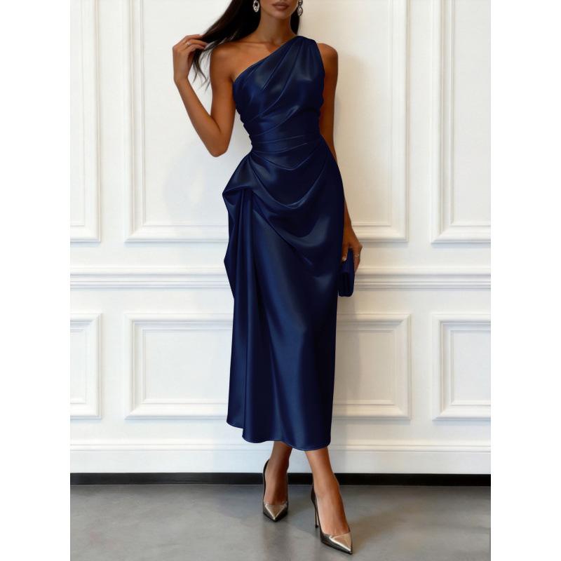 European and American Summer High Elastic Satin Sleeveless Slanted Shoulder Waist Medium and Long Dress Elegant Evening Dress